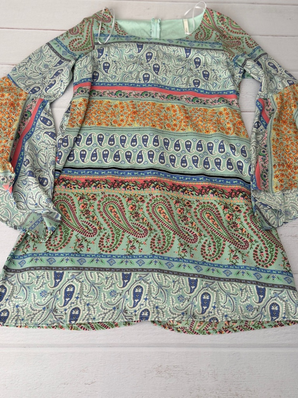 Sage Boho Paisley Bell Sleeve Mini Dress / Tunic Top – Size Small
